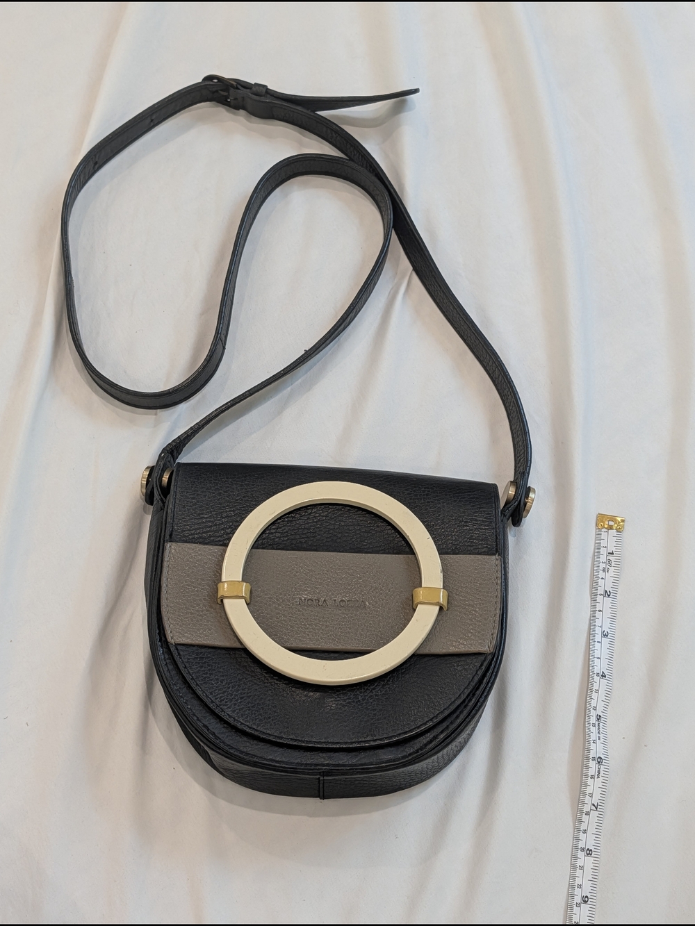 Nora Lozza Luxury Leather Black and Taupe Crossbody Saddle Bag